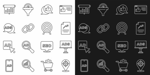 Set line Target sport, Advertising, Document with graph chart, Customer product rating, Chain link, Board and icon. Vector