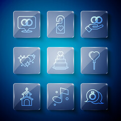 Set line Church building, Music note, Diamond engagement ring, Wedding rings, cake with heart, Two Linked Hearts, and Balloons form of icon. Vector