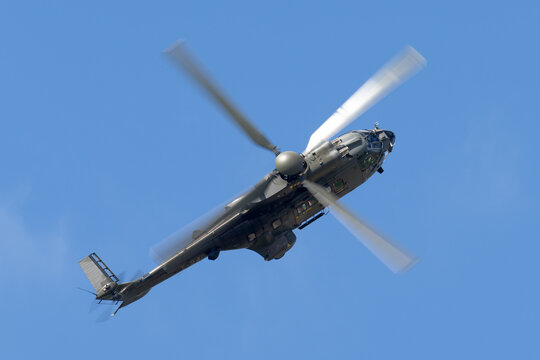 Payerne, Switzerland - September 1, 2014: Swiss Air Force Aerospatiale AS532 (TH98) military utility helicopter T-340.