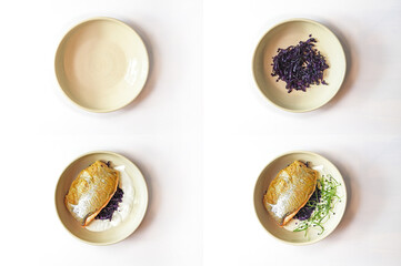 Collage in four steps of a creative fish dish arrangement, char filet on red cabbage with cream sauce and sprouts in a deep plate on a light gray table, flat lay, high angle top view from above