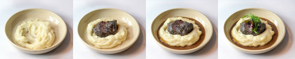 Food arranging in four steps, plate with mashed potatoes, braised ox cheeks placed on it, brown...