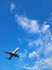 Fototapeta na wymiar Airplane in the clouds. Blue sky