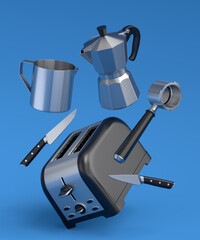 Toaster, coffee machine horn and geyser coffee maker on blue background.