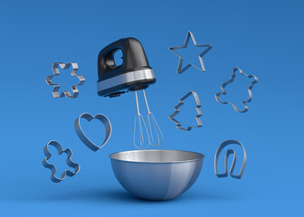 Metal bowl with electric mixer and cookie cutters on blue background
