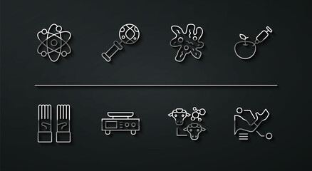 Set line Atom, Medical rubber gloves, Genetically modified apple, Cloning, Electronic scales, DNA research, search, Prosthesis hand and Cell icon. Vector