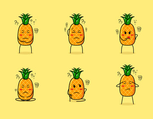 collection of cute pineapple cartoon character with thinking expressions. fruit, simple, and cartoon style. suitable for emoticon, sticker, logo, icon and mascot