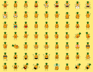 collection of cute pineapple cartoon character expressions. angry expression, thinking, crying, sad, confused, flat, happy, scared, shocked, dizzy, hopeless, sleeping. suitable for emoticon and mascot