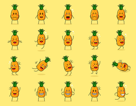 collection of cute pineapple cartoon character with happy and smile expressions. suitable for emoticon, logo, symbol and mascot