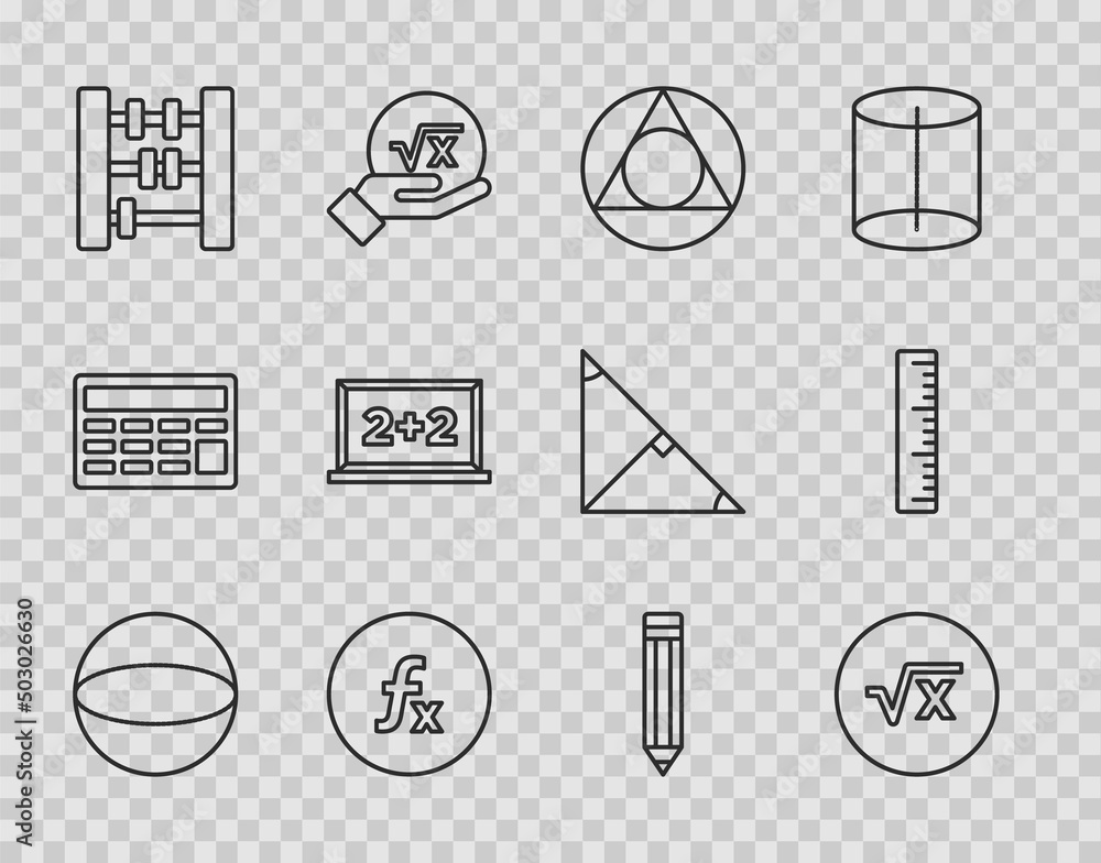 Poster set line geometric figure sphere, square root of x glyph, triangle math, function mathematical symbo