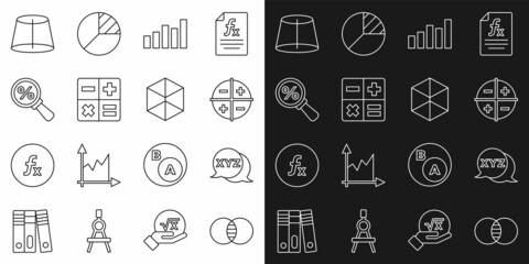 Set line Mathematics sets A and B, XYZ Coordinate system, Graph, schedule, chart, diagram, Calculator, Magnifying glass with percent, Geometric figure and Cube icon. Vector