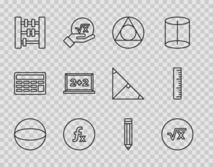 Set line Geometric figure Sphere, Square root of x glyph, Triangle math, Function mathematical symbol, Abacus, Chalkboard, Pencil and Ruler icon. Vector