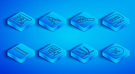 Set line Abacus, Drawing compass, Magnifying glass with percent, Computer monitor graph chart, Graph, schedule, chart, diagram, XYZ Coordinate system, Ruler and Pi symbol icon. Vector