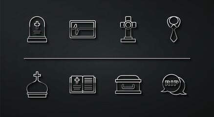 Set line Grave with tombstone, Church tower, Tie, Coffin cross, Holy bible book, Beat dead monitor, Speech bubble rip death and icon. Vector