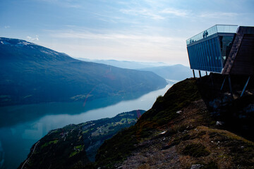 Loen Lake with Skylift aerial tramway cabin station at the top of Mount Hoven, Norway