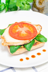 Open-face sandwich with chicken, mozzarella, tomato, pesto and basil on toasted ciabatta, vertical