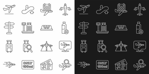 Set line Airplane search, Plane, No water bottle, Calendar and airplane, Scale with suitcase, Road traffic sign, takeoff and Taxi car roof icon. Vector