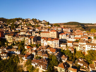 Aerial Sunset view of city of Veliko Tarnovo, Bulgaria