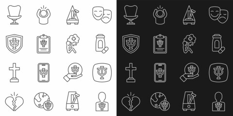 Set line Psychology, Psi, Sedative pills, Metronome with pendulum, Armchair and Helping hand icon. Vector