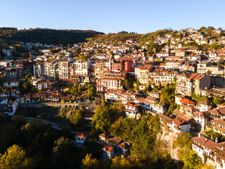 Aerial Sunset view of city of Veliko Tarnovo, Bulgaria