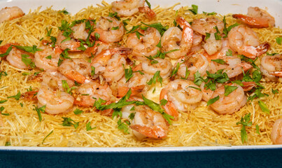 Original Brazilian International Shrimp Recipe in Closeup and Selective Focus. Camarão internacional coco bambu.