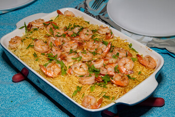 Original Brazilian International Shrimp Recipe in Closeup and Selective Focus. Camarão internacional coco bambu in fine details