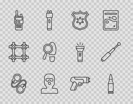 Set line Handcuffs, Bullet, Police badge, Thief mask, Walkie talkie, Footsteps, electric shocker and Telescopic baton icon. Vector