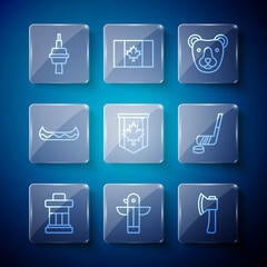 Set line Inukshuk, Canadian totem pole, Wooden axe, Bear head, Pennant flag of Canada, Kayak, TV CN Tower in Toronto and Ice hockey stick and puck icon. Vector