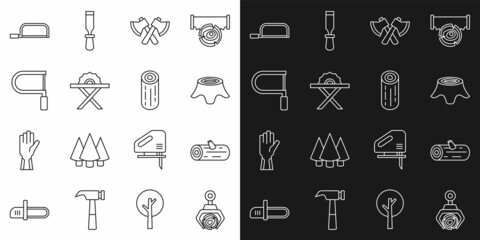 Set line Grapple crane grabbed a log, Wooden logs, Tree stump, axe, Electric circular saw, Hacksaw, and icon. Vector