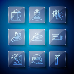 Set line Construction jackhammer, Dynamite, Bucket wheel excavator, Conveyor belt carrying coal, Gem stone, Mine entrance and Flashlight icon. Vector