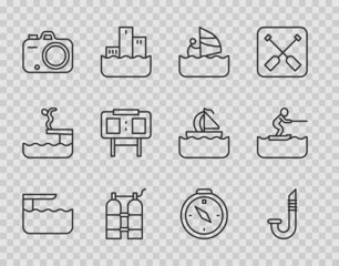 Set line Diving board or springboard, Snorkel, Windsurfing, Aqualung, Photo camera, Sport mechanical scoreboard, Compass and Water skiing man icon. Vector