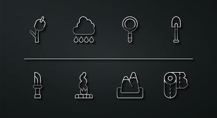 Set line Marshmallow on stick, Knife, Shovel, Mountains, Campfire, Cloud with rain, Paper towel roll and Magnifying glass icon. Vector