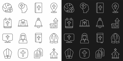 Set line Church building, Hands praying position, Holy bible book, Pope hat, Calendar with Easter, Christian cross globe and bell icon. Vector