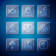 Set line Christian cross, Grave with tombstone, Church building, monitor, fish symbol and bread icon. Vector