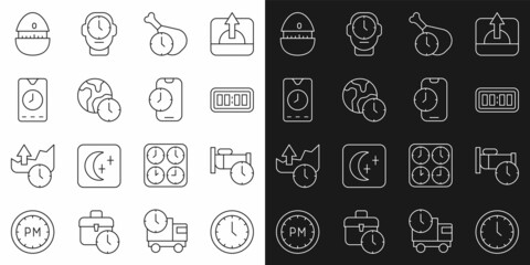 Set line Clock, Time to sleep, Digital alarm clock, Food time, World, Alarm app mobile, Kitchen timer and icon. Vector