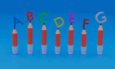 3d illustration, letters and pencils, 3d rendering