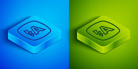 Isometric line Auto flash icon isolated on blue and green background. Automatic flash. Square button. Vector