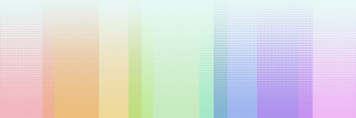 Light bright happy overlapping translucent rainbow stripes with halftone dot texture and light to clear gradient from top