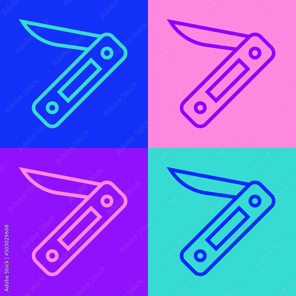 Poster pop art line swiss army knife icon isolated on color background. multi-tool, multipurpose penknife. 