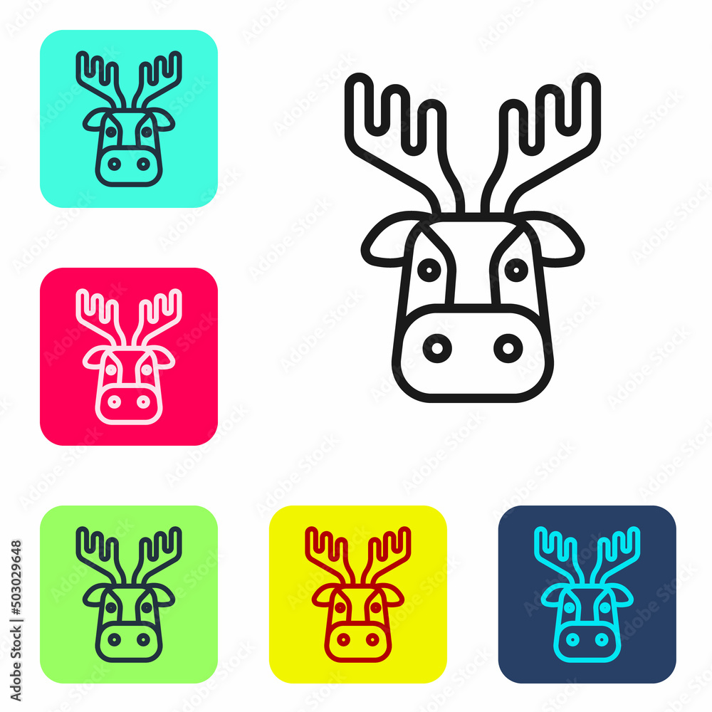Poster black line deer head with antlers icon isolated on white background. set icons in color square butto