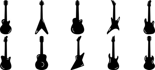 Icon set, silhouette of acoustic and electric guitars in different shapes