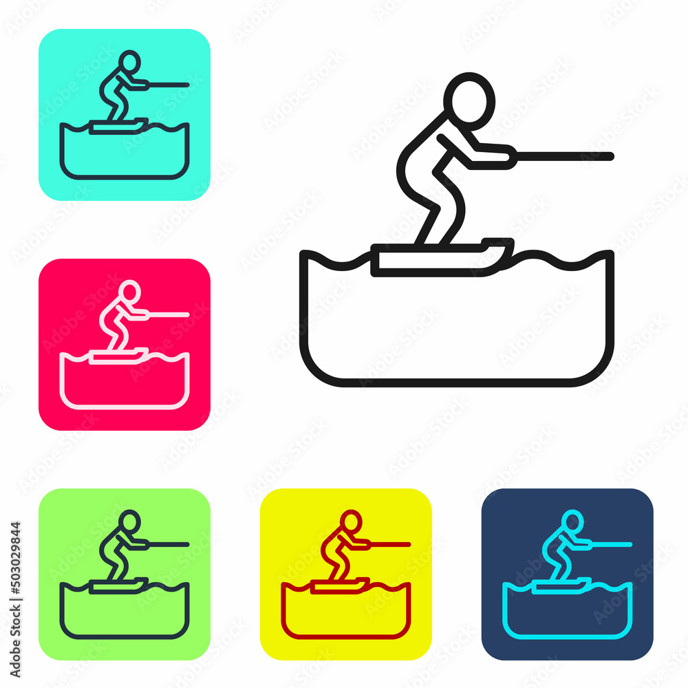 Poster black line water skiing man icon isolated on white background. set icons in color square buttons. ve