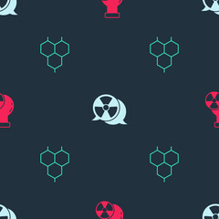 Set Test tube radiation, Radioactive and Chemical formula on seamless pattern. Vector