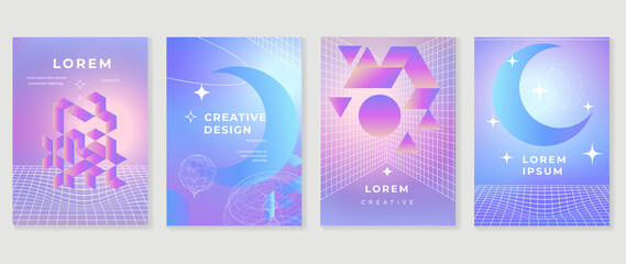 Abstract pastel gradient cover template. Set of modern poster with vibrant graphic color, hologram, star, grid, shapes, moon, wireframe. Minimal style design for flyer, brochure, media, background.