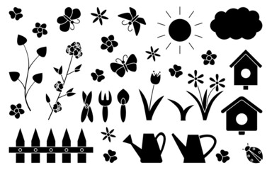 Spring summer glyph gardening set. For scrapbooking, children card. Tools, plants, butterflies and ladybug, clover and flowers, watering can and birdhouses, sun and cloud, fence. Vector illustration