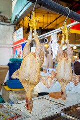 Fototapeta na wymiar Whole chickens on display at Surqillo Market in Lima Peru