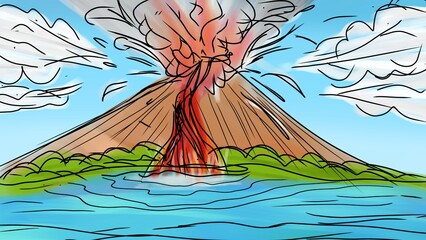 hand drawing made by children - volcano erupts in the island of the sea	