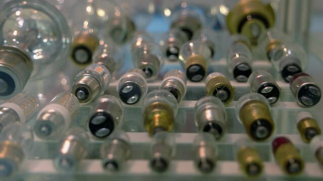 Close-up collection of various shiny glass bulbs. Small lightbulbs workshop.