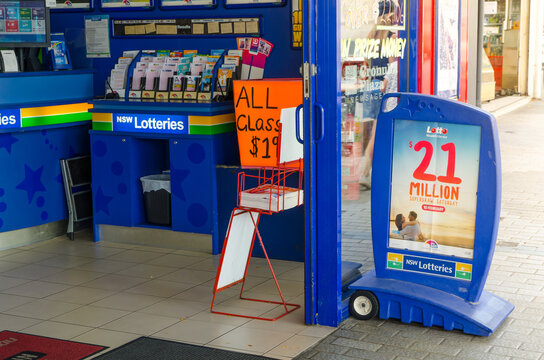 SYDNEY, AUSTRALIA. – On January 12, 2018. - New South Wales Lotto Tickets Sell At Newsagent Shop With Signpost Says 