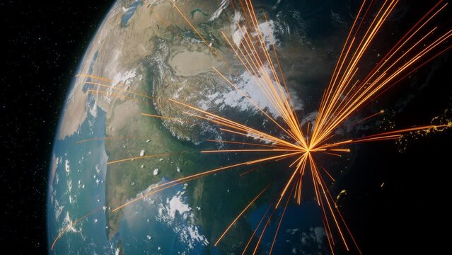 Earth in Space. Orange Lines connect Wuhan, China with Cities across the World. Global Travel or Business Concept.
