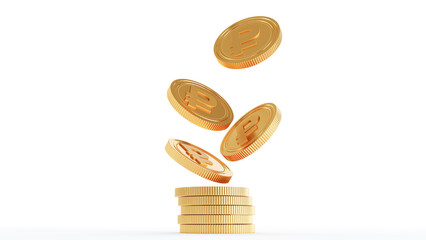 Set of gold coins with ruble sign isolated on a white background. 3d rendering. Falling golden coins with ruble sign